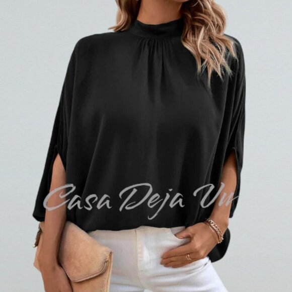 Satin Silky Mock Neck Batwing Dolman Sleeve Pleated Oversize Drapery Blouse - Picture 2 of 10